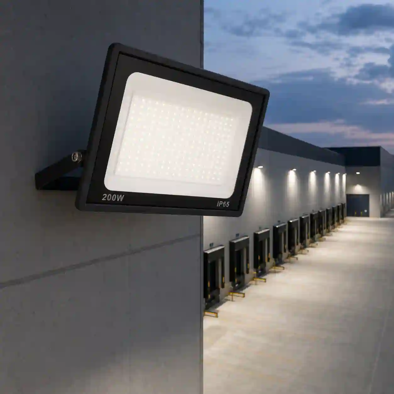 Rozsvícený LED reflektor LEVE 200W osvětlující velkou venkovní plochu se širokým úhlem svícení 120 stupňů